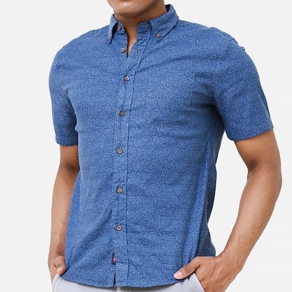 Faherty Short Sleeve Breeze Shirt Button Down Horizon Blues‎ Frond Print Large